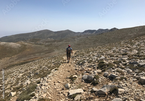 Mountaineer hiking at Mount Uludag Great Summit Route in Bursa, Turkey. Uludag is the highest mountain in Marmara Region.