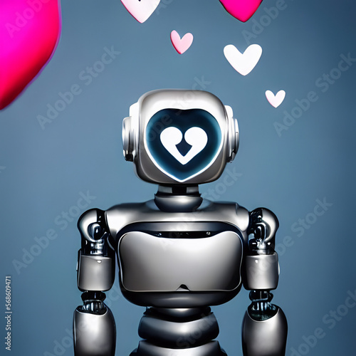 Hearts swirl around a robot, representing the intersection of love and technology. Futurism, Melancholy, Passion concept photo