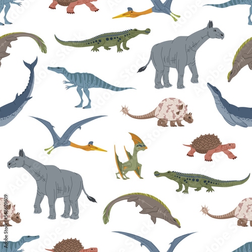 Fototapeta Naklejka Na Ścianę i Meble -  Cartoon dinosaur animal characters vector pattern