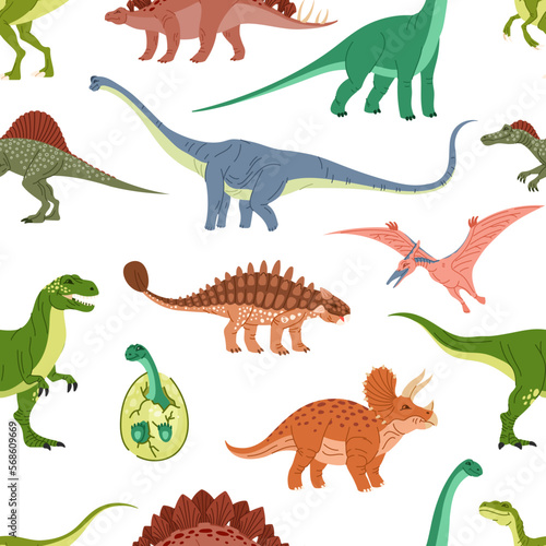 Cartoon dinosaurs and dino egg seamless pattern