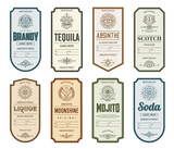 Vintage alcohol labels, tequila, brandy and soda