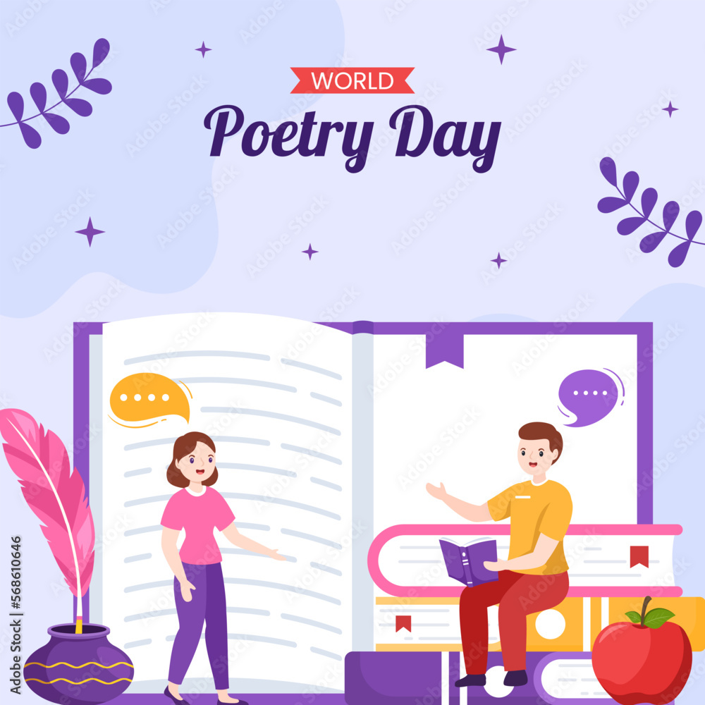 Obraz premium World Poetry Day Social Media Illustration with Paper and Quill Flat Cartoon Hand Drawn Templates