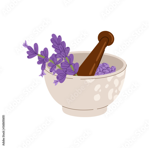 Lavender and wooden mortar, vector bowl icon
