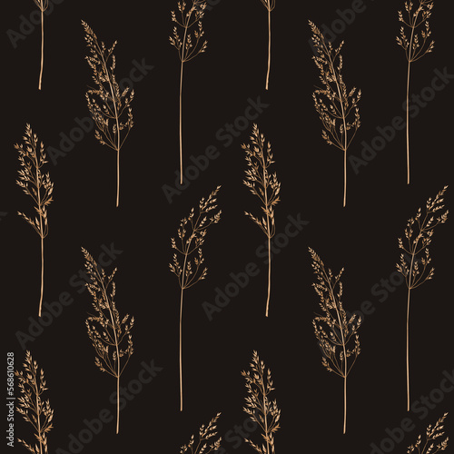 Seamless pattern with dry and wild grass. Dark background and earthen ornament. Vector botanical illustration. Engraving style. Print for wallpaper, textile, packaging, cover.