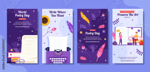 World Poetry Day Social Media Stories with Paper and Quill Flat Cartoon Hand Drawn Templates Illustration