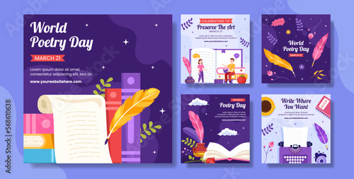World Poetry Day Social Media Post with Paper and Quill Flat Cartoon Hand Drawn Templates Illustration