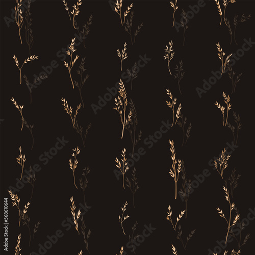Simples seamless pattern with dry grass. Dark background and golden pattern. Vector illustration for wallpaper, textile, packaging, cover. . Vertical ornament. Engraving style.