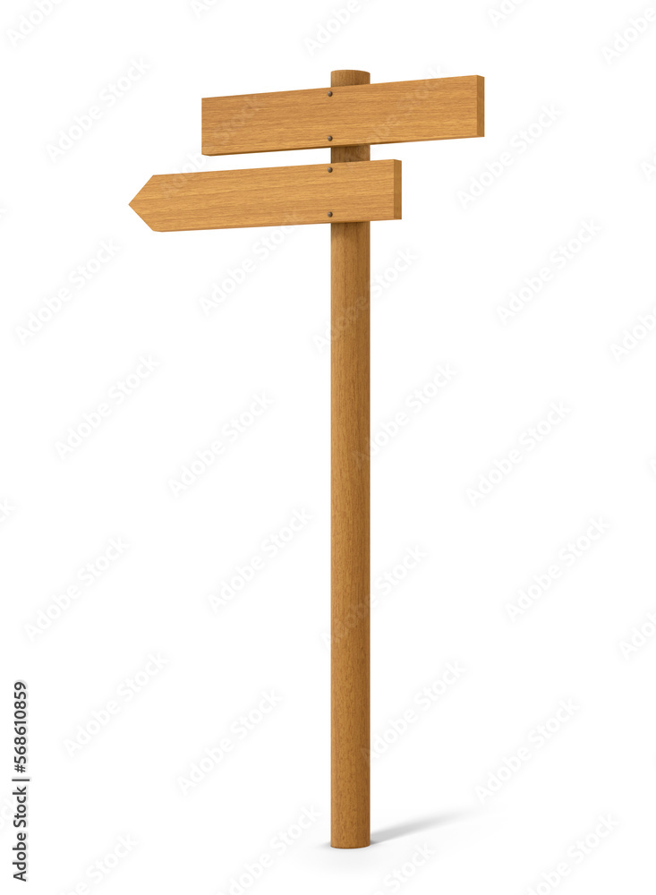 Wooden post with signboard on the top and direction indicator isolated on empty background. 3D Rendering Wooden post with signboard on the top and direction indicator isolated on empty background. 3D Rendering