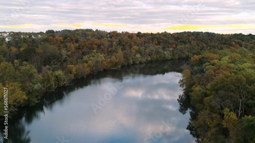 Phoenixville Schuylkill River 4K Drone during Golden Hour Sunset in Fall Autumn photo