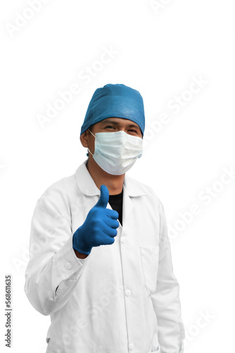 Doctor latino americano haciendo una señal de positividad con su mano.  photo