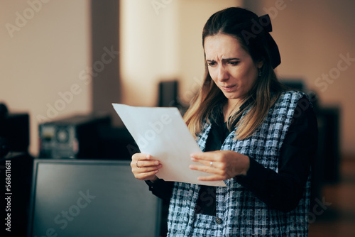 Businesswoman Struggling to Read Fine Print in a Contract. Stressed employee finding mistakes in a printed document from work
 photo