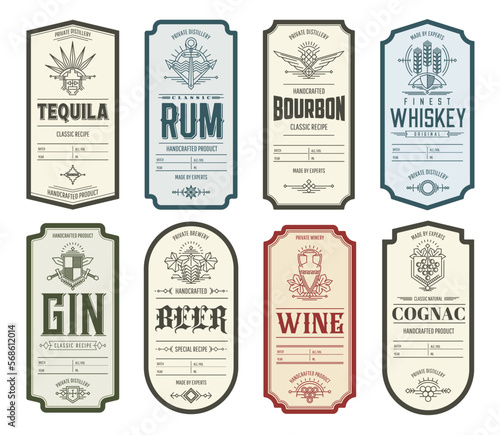 Vintage alcohol labels, tequila, whiskey, rum, gin