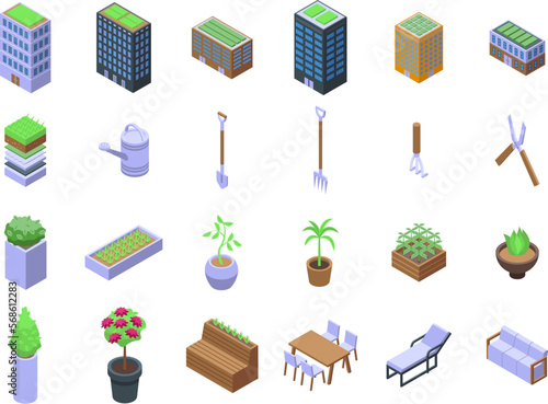 Roof gardening icons set isometric vector. Building house. Office city