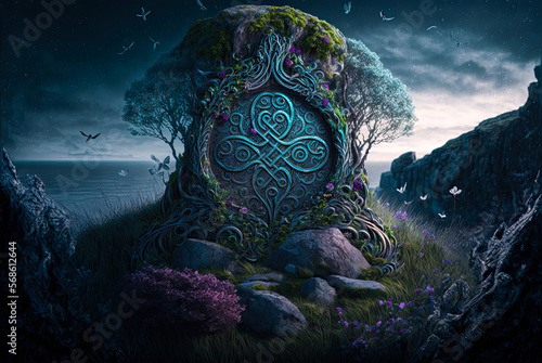 Ireland, Celtic knot symbol carved in rock, flowers. Generative AI
