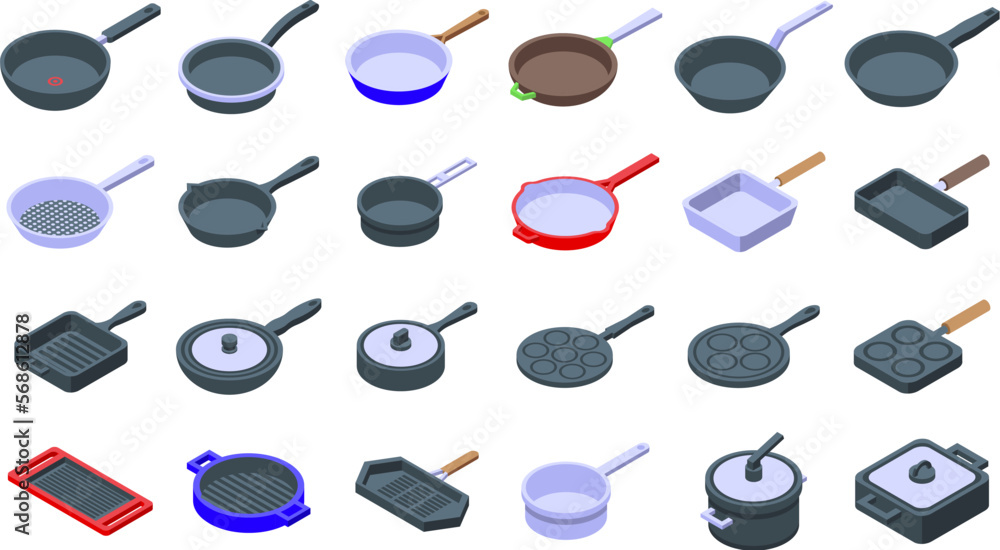 Pan icons set isometric vector. Pot saucepan. Frying kitchen