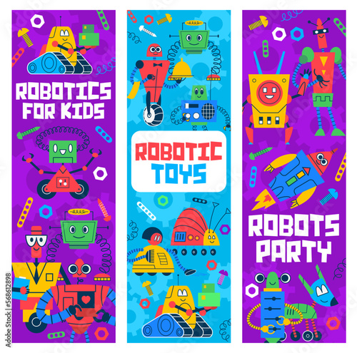 Cartoon robots and droids kids toys vector banners
