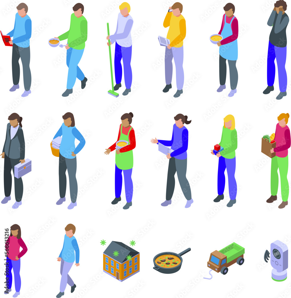 Stay-at-home parent icons set isometric vector. Work kid. Covid workspace