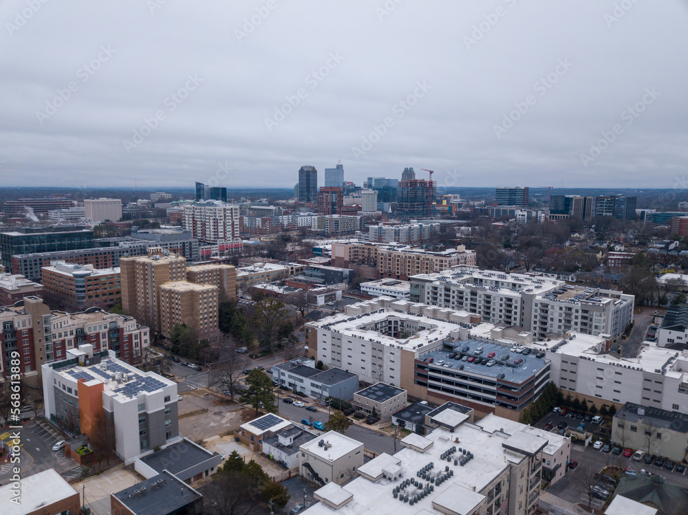 Drone view of various buildings in Raleigh