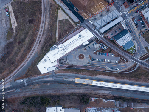 Drone view of various buildings in Raleigh