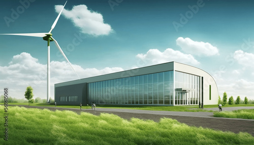 Wallpaper Mural Wind Generator next to Factory hall Panorama. Generative AI. Torontodigital.ca
