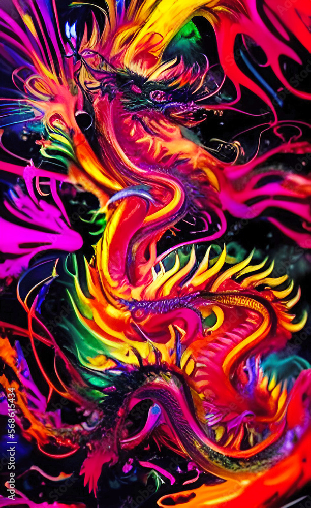 Multi-colored Chinese dragon. Generative AI art style illustration