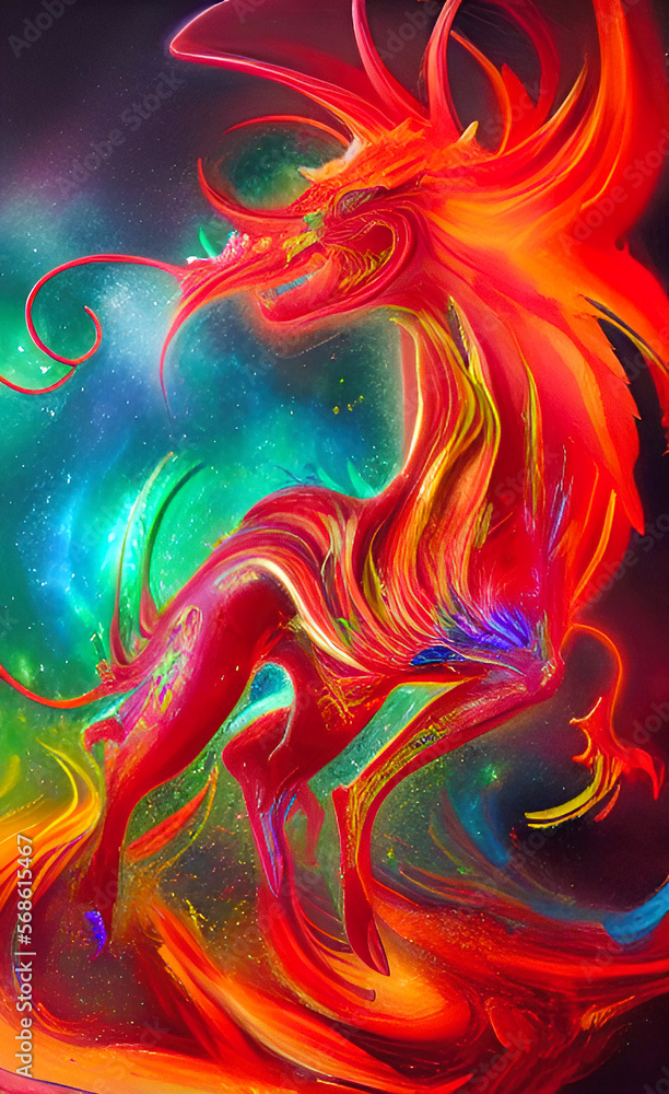 A Qilin, a hooved chimerical creature from Chinese mythology, rising up out of flames. Generative AI art painting illustration.
