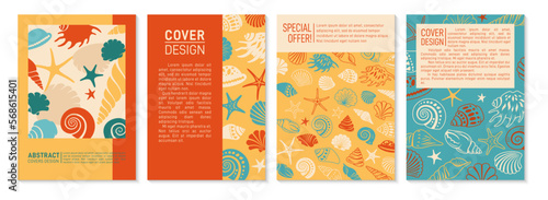 Sea shell trendy cover, card design set. Exotic nautical pattern page flyer, notebook ornamental snail starfish, seashell. Brochure social media sea catalog ocean decor. Decorative page background