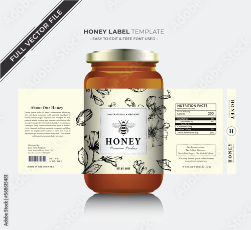Honey label and natural honey design with honey vector new honey jar label product design creative packaging gold honey and honey flower.