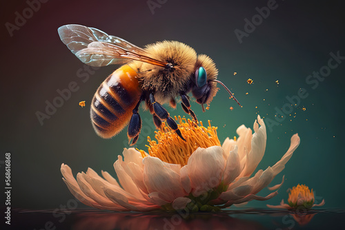 Bee and flower. Macro honeybee flying over beautiful colorful flower petals. Generative AI photo