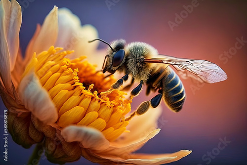 Bee and flower. Macro honeybee flying over beautiful colorful flower petals. Generative AI photo