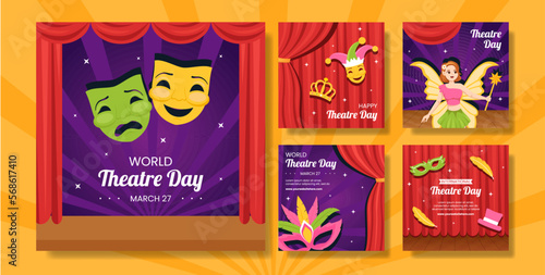 World Theater Day Social Media Post Flat Cartoon Hand Drawn Templates Illustration