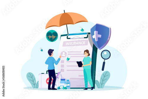 Health care and life insurance concept. Doctor and nurse with big clipboard document, shield and umbrella. Vector illustration