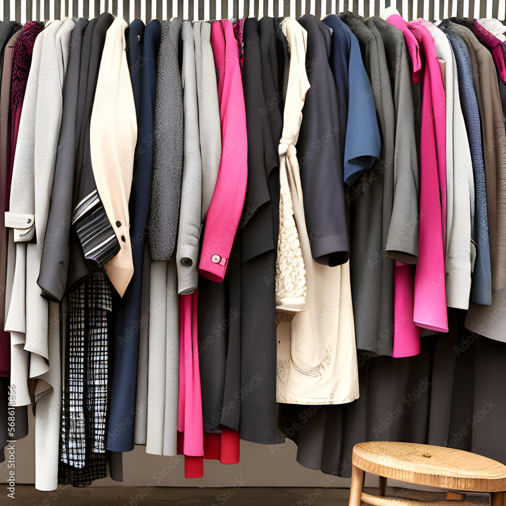 A sharp image of assorted clothing on hangers (a.i. generated) A sharp image of assorted clothing on hangers (a.i. generated)