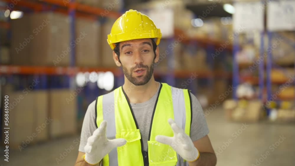 Portrait of middle east worker working in large warehouse store industry.Rack of stock storage. Interior of cargo in logistic concept. Depot. People lifestyle. Shipment service for container Portrait of middle east worker working in large warehouse store industry.Rack of stock storage. Interior of cargo in logistic concept. Depot. People lifestyle. Shipment service for container