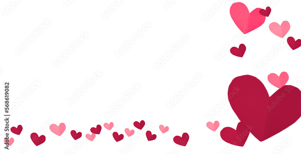 red and pink paper hearts on transparent background, flat lay border PNG. Valentine's day background
