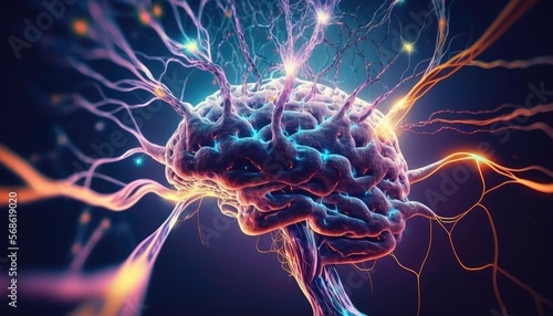 Fotografiet close up of human brain showing neurons firing and neural extensions, generative