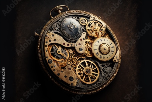 features of the massive gears and other mechanism of an ancient mechanical watch in its dismantled state. Generative AI