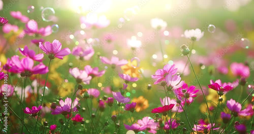 Flowering meadow and flying bubbles in sunlight Flowering meadow and flying bubbles in sunlight