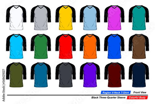 Raglan v-neck t-shirt  front view  black three quarter sleeve  colorful body