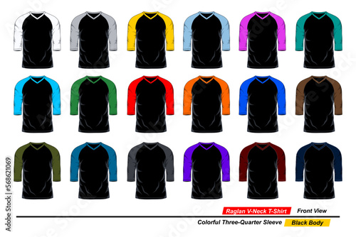 Raglan v-neck t-shirt  front view  colorful three quarter sleeve  black body