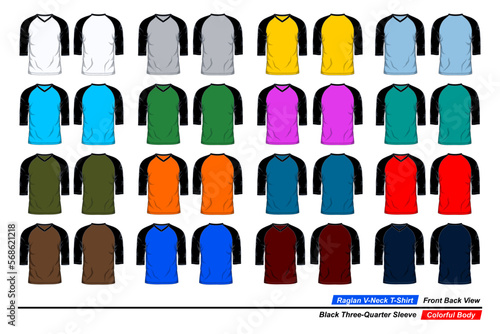 Raglan v-neck t-shirt, front and back view, black three quarter sleeve, colorful body photo