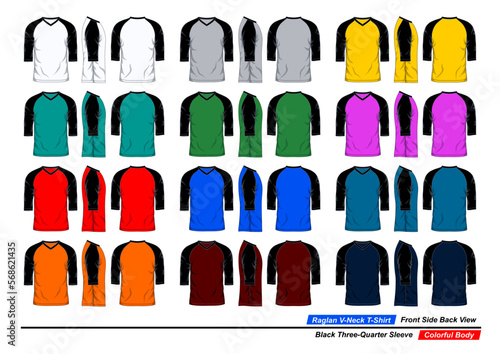 Raglan v-neck t-shirt, front side and back view, black three quarter sleeve, colorful body
