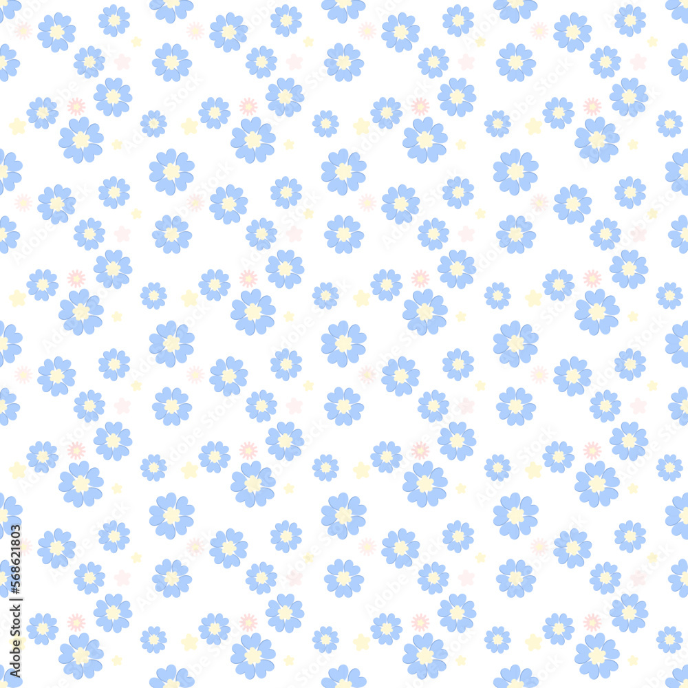 Vector seamless pattern background, small pastel blue flowers on white background.Ideal illustration for fabric print. Scrapbook cover or gift wrapping paper. Vector seamless pattern background, small pastel blue flowers on white background.Ideal illustration for fabric print. Scrapbook cover or gift wrapping paper.