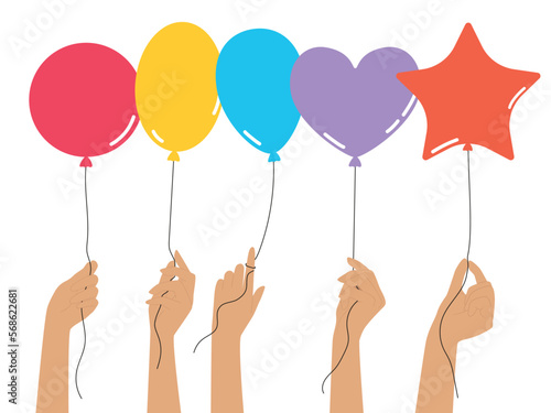 Hands with various shape balloons. Modern flat vector illustration