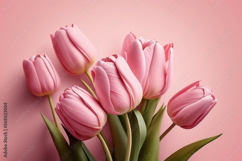 Bouquet of pink tulips flowers on pastel pink background, generative ai Bouquet of pink tulips flowers on pastel pink background, generative ai