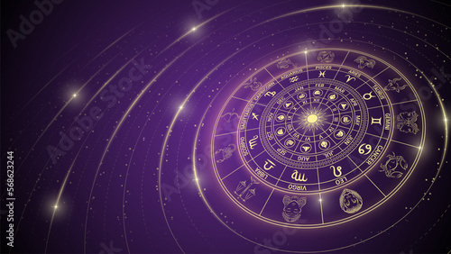 Wheel of Twelve-Sign of Zodiac, Glowing Ray of Star Light in Space, Horoscope and Astrology Concept Element for Fortune-Telling, Stellar Backdrop Background Vector Illustration.