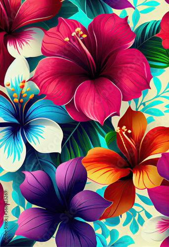 A pattern of large flowers of different colors.