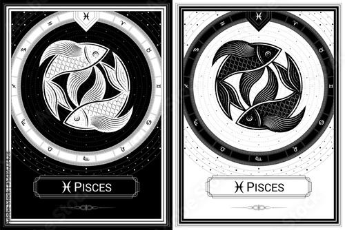 Two-Fish Pisces Zodiac Sign and Symbol, Classic Luxury Circular Black-White Silhouette Greek Meander Fortune Card, Stellar Star Sign, Horoscope Astrology Fortune-Telling and Future Prediction.