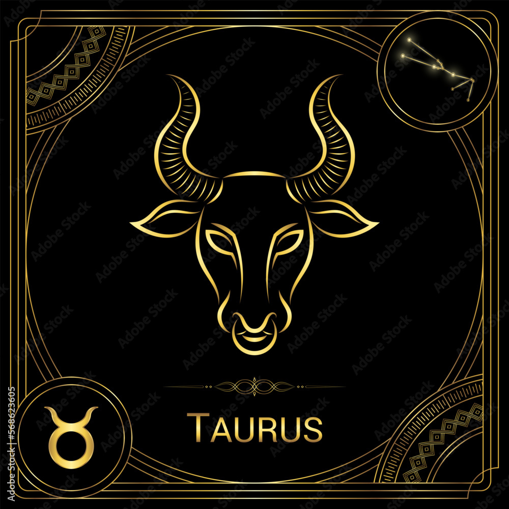 Bull Taurus Zodiac Sign, Symbol, Stellar Star Constellation, Horoscope and Astrology, Fortune-Telling Square Badge Icon Vector Illustration