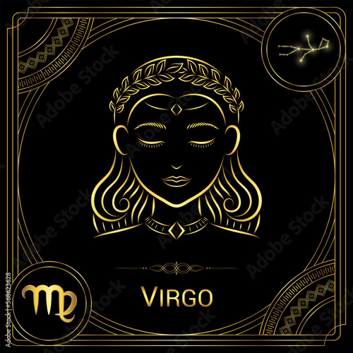 Maiden Virgo Zodiac Sign, Symbol, Stellar Star Constellation, Horoscope and Astrology, Fortune-Telling Square Badge Icon Vector Illustration